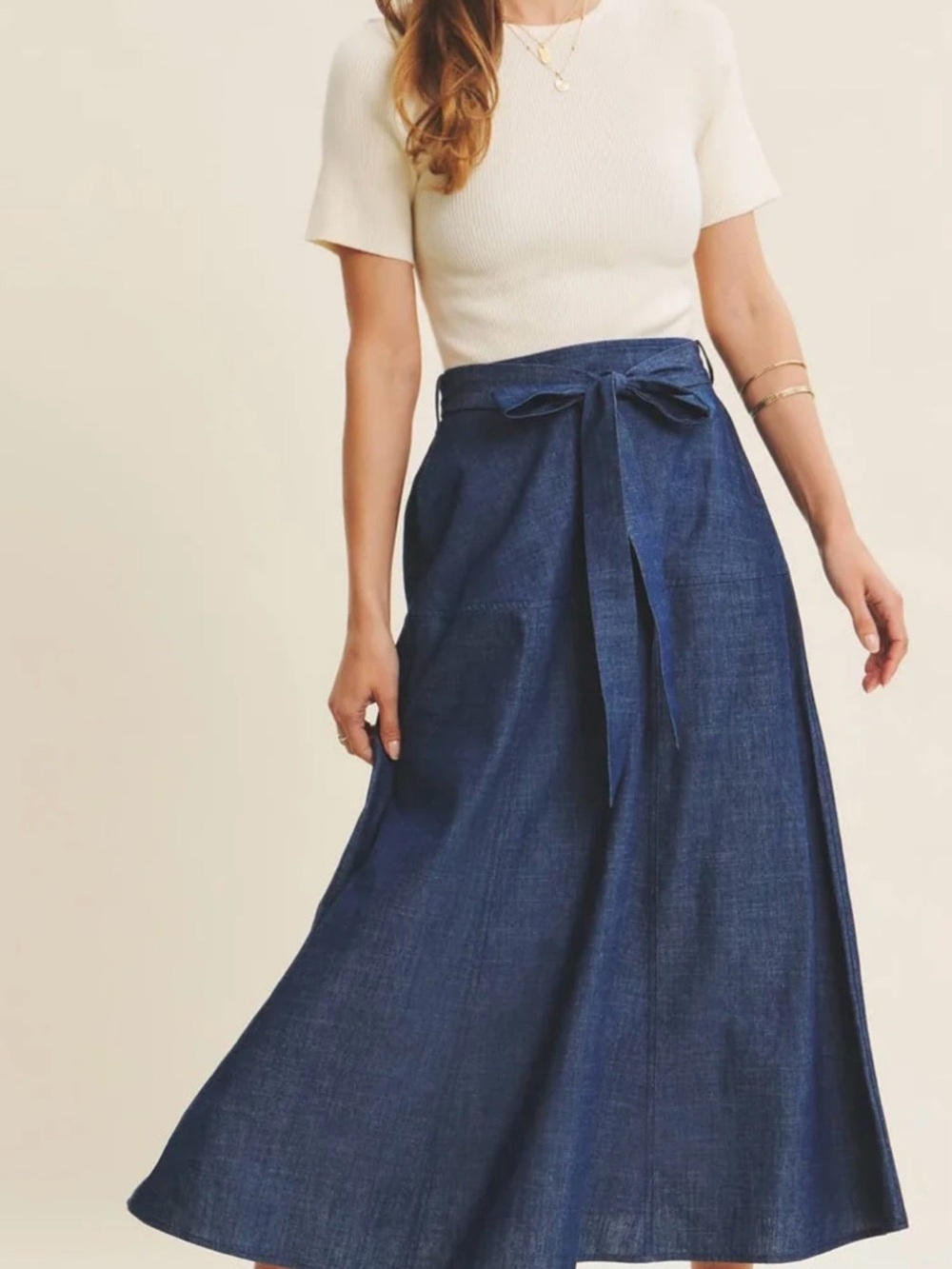Beautiful Tie-Waist Denim Midi Skirt Dress in Deep Blue